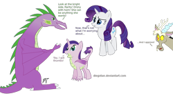Size: 2337x1303 | Tagged: safe, artist:diegotan, imported from derpibooru, discord, rarity, spike, oc, dracony, hybrid, original species, adult spike, dragicorn, family, female, interspecies, interspecies offspring, male, offspring, older, older spike, parent:rarity, parent:spike, parents:sparity, shipping, sparity, straight, wings