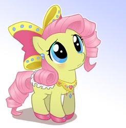 Size: 573x583 | Tagged: safe, artist:pimmy, edit, imported from derpibooru, fluttershy, pony, cute, ear piercing, earring, female, filly, filly fluttershy, hair bow, jewelry, piercing, saddle, solo, younger