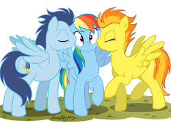 Size: 723x526 | Tagged: source needed, safe, artist:brianblackberry, imported from derpibooru, rainbow dash, soarin', spitfire, pegasus, pony, bisexual, bisexual female, cheek kiss, female, herd, kiss on the cheek, kiss sandwich, kissing, lesbian, lesbian in front of boys, male, mare, ot3, polyamory, shipping, simple background, soarindash, soarindashfire, spitdash, spread wings, stallion, straight, transparent background, trio, wingboner, wings