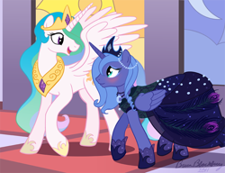 Size: 832x640 | Tagged: source needed, safe, artist:brianblackberry, imported from derpibooru, princess celestia, princess luna, pony, clothes, dress, duo, gala dress, royal sisters, s1 luna