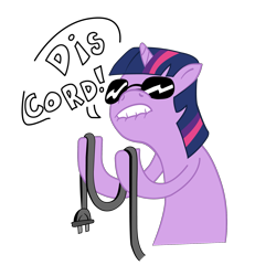 Size: 2000x2000 | Tagged: safe, artist:blue-von, artist:reecyboy42, imported from derpibooru, twilight sparkle, pony, unicorn, dat ass, dat butt, dis cord, female, high res, hoof hold, lip bite, mare, power cord, pun, simple background, solo, sunglasses, transparent background, vector