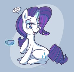 Size: 800x770 | Tagged: safe, artist:vaporotem, imported from derpibooru, rarity, pony, unicorn, bitch please, cup, dialogue, drink, female, looking back, magic, sitting, solo, tea, teacup, vulgar