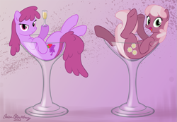 Size: 955x660 | Tagged: safe, artist:brianblackberry, imported from derpibooru, berry punch, berryshine, cheerilee, earth pony, pony, alcohol, cup of pony, drink, duo, female, glass, mare, micro