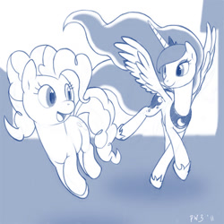 Size: 600x600 | Tagged: safe, artist:warepwn3, imported from derpibooru, pinkie pie, princess luna, duo, monochrome