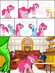 Size: 1059x1400 | Tagged: safe, imported from derpibooru, fluttershy, pinkie pie, rainbow dash, dinosaur, earth pony, pegasus, pony, tyrannosaurus rex, ace attorney, comic, crossover, dinosaur comics, maya fey, miles edgeworth, phoenix wright, pinkiesaurous rex, the judge