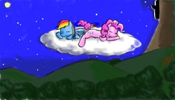 Size: 1280x730 | Tagged: safe, artist:starykrow, imported from derpibooru, pinkie pie, rainbow dash, cloud, female, lesbian, night, pinkiedash, shipping, sleeping