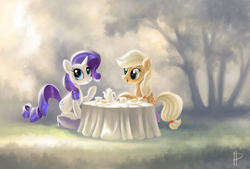 Size: 1920x1298 | Tagged: safe, artist:rom-art, imported from derpibooru, applejack, rarity, breakfast, coffee, dining, friendshipping, table, tea