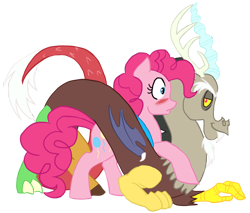 Size: 900x765 | Tagged: safe, artist:bux, imported from derpibooru, discord, pinkie pie, blushing, discopie, female, male, shipping, straight