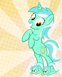 Size: 885x1100 | Tagged: safe, artist:pixelkitties, imported from derpibooru, lyra heartstrings, pony, unicorn, bipedal, clothes, cute, female, grin, looking at you, lyra doing lyra things, lyra plushie, lyrabetes, plothole plush lyra, plushie, rearing, simple background, slippers, smiling, solo, sunburst background