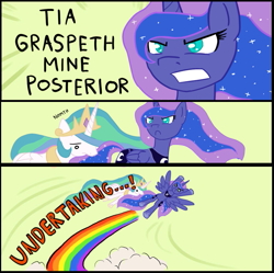 Size: 679x675 | Tagged: safe, artist:he4rtofcourage, imported from derpibooru, princess celestia, princess luna, alicorn, pony, exploitable meme, grab my meme, meme, nom, nomth, rainbow, ye olde butcherede englishe, ye olde english, ರ ರ