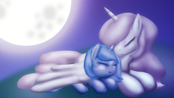 Size: 1920x1080 | Tagged: safe, artist:zedrin, imported from derpibooru, princess celestia, princess luna, pony, cute, eyes closed, female, filly, moon, sisters, woona