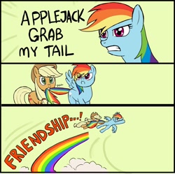 Size: 1414x1406 | Tagged: safe, artist:snigelkrantz, imported from derpibooru, applejack, rainbow dash, earth pony, pegasus, pony, applejack's hat, biting, comic, cowboy hat, dialogue, exploitable meme, female, grab my meme, hat, mare, meme, mouth hold, rainbow trail, stetson, tail, tail bite, tail pull