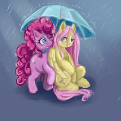 Size: 604x604 | Tagged: safe, artist:sunshine, imported from derpibooru, fluttershy, pinkie pie, earth pony, pegasus, pony, female, flutterpie, folded wings, lesbian, looking at each other, mare, mouth hold, rain, shipping, sitting, umbrella, wings