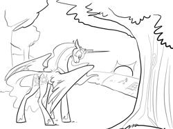 Size: 1069x800 | Tagged: safe, artist:php27, imported from derpibooru, princess celestia, alicorn, pony, butt, female, mare, monochrome, plot, sketch, tree