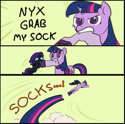 Size: 679x675 | Tagged: safe, artist:valcron, imported from derpibooru, twilight sparkle, oc, oc:nyx, clothes, comic, exploitable meme, flying, grab my meme, gritted teeth, meme, mouth hold, nom, serious face, socks