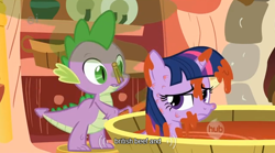 Size: 638x356 | Tagged: safe, imported from derpibooru, screencap, spike, twilight sparkle, pony, winter wrap up, bath, bathtub, bee sting, britain, british, clothespin, ei, hub logo, skunk spray, smell, smelly, tomato juice, visible stench, youtube caption