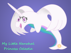 Size: 1000x750 | Tagged: safe, artist:toastiestzombie, imported from derpibooru, princess celestia, narwhal, open mouth, smiling, solo, species swap, spread wings, wings