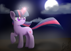 Size: 900x643 | Tagged: safe, artist:maplesunrise, imported from derpibooru, twilight sparkle, pony, unicorn, female, glowing horn, horn, mare, moon, night, smiling, solo, unicorn twilight