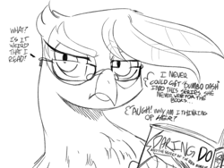 Size: 800x600 | Tagged: dead source, safe, artist:sunibee, imported from derpibooru, daring do, gilda, rainbow dash, griffon, black and white, book, bust, dialogue, glasses, grayscale, lineart, monochrome, portrait, reading, thought bubble