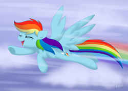 Size: 900x643 | Tagged: safe, artist:maplesunrise, imported from derpibooru, rainbow dash, pegasus, pony, cloud, eyes closed, female, flying, mare, open mouth, smiling, solo