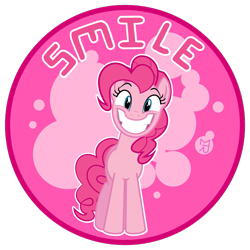 Size: 735x735 | Tagged: safe, artist:zobe, imported from derpibooru, pinkie pie, earth pony, pony, abstract background, female, grin, looking at you, mare, round, smiling, solo, standing