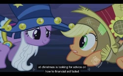 Size: 640x400 | Tagged: safe, imported from derpibooru, screencap, applejack, star swirl the bearded, twilight sparkle, luna eclipsed, youtube caption