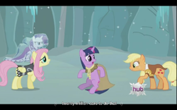 Size: 640x400 | Tagged: safe, imported from derpibooru, screencap, applejack, clover the clever, fluttershy, princess platinum, private pansy, rarity, smart cookie, twilight sparkle, hearth's warming eve (episode), hatless, hearth's warming eve, hub logo, missing accessory, youtube caption