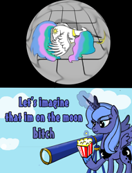 Size: 1608x2100 | Tagged: safe, artist:junkiekb, artist:syntaxbananaz, imported from derpibooru, princess celestia, princess luna, pony, a canterlot wedding, filly, luna is friggen useless, popcorn, s1 luna, schadenfreude, telescope, vulgar, woona