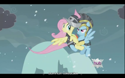 Size: 640x400 | Tagged: safe, imported from derpibooru, screencap, commander hurricane, fluttershy, private pansy, rainbow dash, hearth's warming eve (episode), hearth's warming eve, hub logo, youtube caption