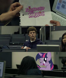 Size: 600x706 | Tagged: safe, imported from derpibooru, twilight sparkle, human, mark zuckerberg, meme, the social network