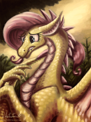 Size: 900x1200 | Tagged: safe, artist:whitestar1802, imported from derpibooru, fluttershy, dragon, dragoness, dragonified, female, flutterdragon, solo, species swap