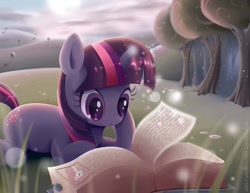 Size: 825x638 | Tagged: safe, artist:misteelala, imported from derpibooru, pinkie pie, twilight sparkle, insect, pony, unicorn, book, cloud, female, forest, grass, magic, mare, prone, smiling, solo, sun, that pony sure does love books, tree, unicorn twilight