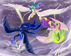 Size: 3299x2610 | Tagged: safe, artist:bigbuxart, imported from derpibooru, nightmare moon, princess cadance, princess celestia, princess luna, queen chrysalis, changeling, changeling queen, disguise, disguised changeling, fake cadance, female, fight, high res, lightning