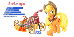 Size: 2362x1181 | Tagged: safe, artist:blue-paint-sea, imported from derpibooru, applejack, pony, clothes, female, kart stats, mario, mario kart, parody, ponykart, scarf, simple background, solo