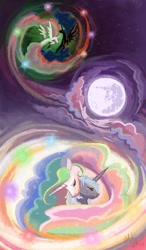 Size: 894x1530 | Tagged: safe, artist:nooby-banana, imported from derpibooru, nightmare moon, princess celestia, princess luna, alicorn, bust, crying, eyes closed, hug, mare in the moon, moon, night, night sky, royal sisters, s1 luna, sisters, sky