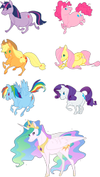 Size: 2175x3864 | Tagged: safe, artist:nooby-banana, imported from derpibooru, applejack, fluttershy, pinkie pie, princess celestia, rainbow dash, rarity, twilight sparkle, alicorn, earth pony, pegasus, unicorn, high res, looking back, lying down, mane six, realistic, simple background, unicorn twilight