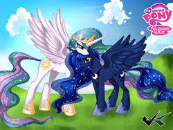 Size: 1000x750 | Tagged: safe, artist:jadenkaiba, imported from derpibooru, princess celestia, princess luna, alicorn, pony, cloud, crown, duo, duo female, female, hoof shoes, horn, jewelry, mare, my little pony logo, peytral, regalia, sisters, spread wings, standing, wings