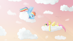 Size: 2560x1440 | Tagged: safe, artist:regolithx, imported from derpibooru, fluttershy, rainbow dash, cloud, cloudy, sky