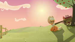 Size: 2560x1440 | Tagged: safe, artist:regolithx, imported from derpibooru, applejack, pony, cart, female, fence, sitting, solo, tired, tree, wallpaper