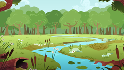 Size: 5333x3000 | Tagged: safe, artist:boneswolbach, imported from derpibooru, background, creek, field, forest, lilypad, no pony, scenery