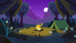 Size: 5333x3000 | Tagged: safe, artist:boneswolbach, imported from derpibooru, .svg available, background, bonfire, bush, fire, flower, forest, full moon, grass, moon, mountain, night, night sky, no pony, rock, sky, starry night, tent, tree, vector