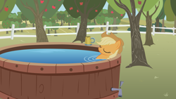 Size: 7111x4000 | Tagged: safe, artist:boneswolbach, imported from derpibooru, applejack, earth pony, pony, absurd resolution, bath, eyes closed, female, mare, solo, tree, vector