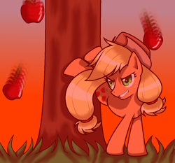 Size: 998x932 | Tagged: safe, artist:bluiceyy, imported from derpibooru, applejack, pony, apple, applebucking, applejack mid tree-buck facing the right with 3 apples falling down, applejack mid tree-buck with 3 apples falling down, falling, female, food, solo