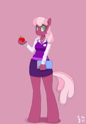 Size: 719x1033 | Tagged: dead source, source needed, useless source url, safe, artist:crabmeatstick, imported from derpibooru, cheerilee, anthro, earth pony, unguligrade anthro, apple, book, bracelet, clothes, female, jewelry, necklace, shirt, skirt, smiling, solo, tube skirt