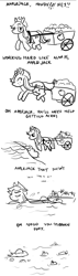 Size: 637x2248 | Tagged: safe, artist:derples, artist:laura frick, imported from derpibooru, applejack, earth pony, pony, apple, apple cart, black and white, bubble, cart, comic, drowning, female, food, grayscale, implied death, mare, monochrome, oregon trail, stubborn, too dumb to live, water