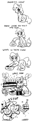 Size: 442x1642 | Tagged: safe, artist:derples, artist:laura frick, imported from derpibooru, pinkie pie, earth pony, pony, balloon, birthday candles, black and white, cake, comic, food, grayscale, long tongue, monochrome, party, present, stahp, tongue out