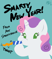 Size: 945x1063 | Tagged: safe, artist:megasweet, imported from derpibooru, sweetie belle, ask smarty belle, new year, party horn, smarty belle