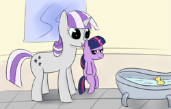 Size: 711x455 | Tagged: safe, artist:rustydooks, artist:tggeko, imported from derpibooru, twilight sparkle, twilight velvet, pony, unicorn, annoyed, bath, behaving like a cat, cute, duo, filly, filly twilight sparkle, forced bathing, frown, imminent bath, like mother like daughter, like parent like child, mother and daughter, mothers gonna mother, mouth hold, rubber duck, scruff, smiling, twilight cat, twilight is not amused, twilight sparkle is not amused, unicorn twilight