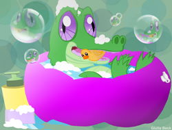 Size: 1362x1034 | Tagged: dead source, safe, artist:giuliabeck, imported from derpibooru, gummy, alligator, bath, male, solo