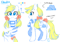 Size: 1100x768 | Tagged: safe, artist:chinad011, imported from derpibooru, oc, oc only, oc:cloudia, pegasus, pony, bow, clothes, cloud, female, glasses, hair bow, mare, reference sheet, scarf, sketch, solo, tail bow